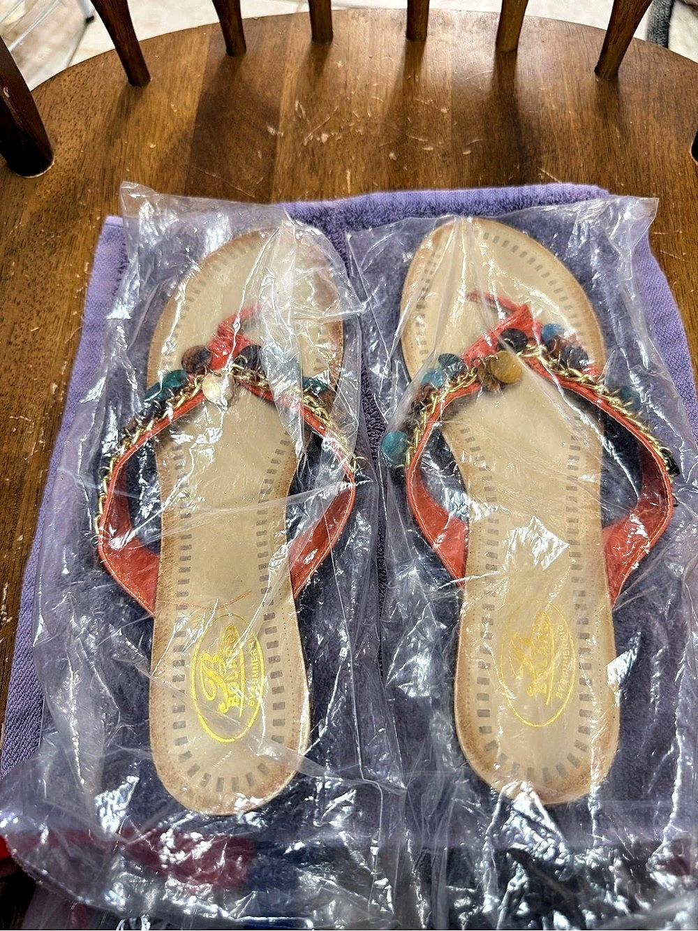 Bolaro Beaded Leather Sandals in Orange & Brown US 9 NWT